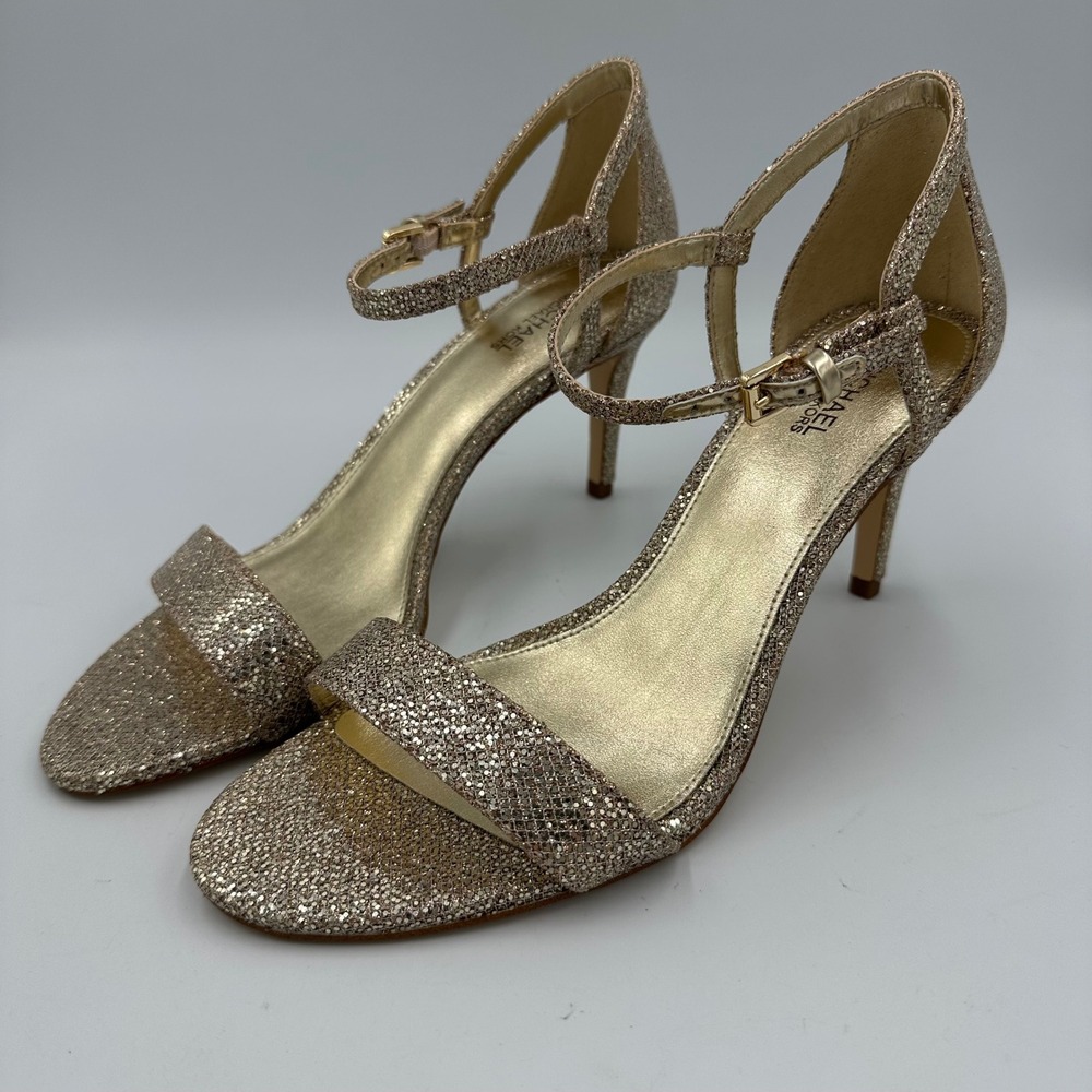Michael Kors Simone Mid Sandal Womens 8M Silver Sand Glitter Heels  strappy glam